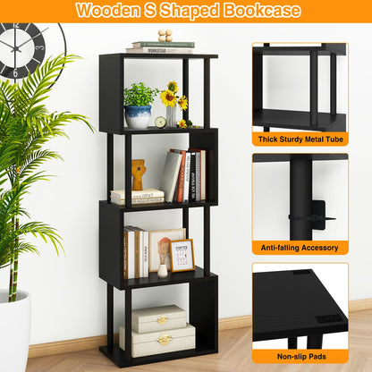 IBUYKE 5-Tier Tall Bookshelf,S-Shaped Geometric Bookcase,Black WBC015B