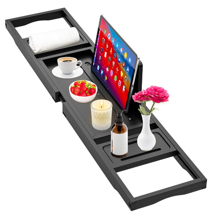 Premium Batht Tray Black - Expandable Bamboo Wooden Bath Trays for Bathub - Bath Tub Table Tray for Bathtub/Tub,Adjustable Size, Fits Most Tubs