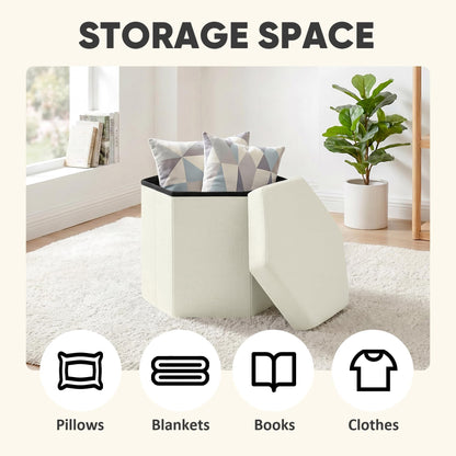 PINPLUS Folding Storage Ottoman, Linen Hexagonal Footrest, Cream White