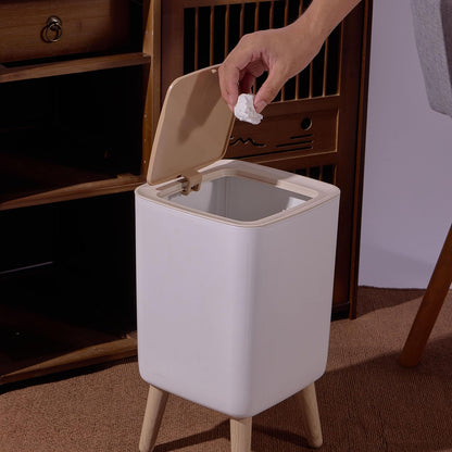 JETAINE Mini Trash Bin with Lid, 10 Liter Garbage Bin, Tall Sqaure Trash Can, Modern White Waste Bin with Wooden Legs, Plastic Rubbish for Kitchen