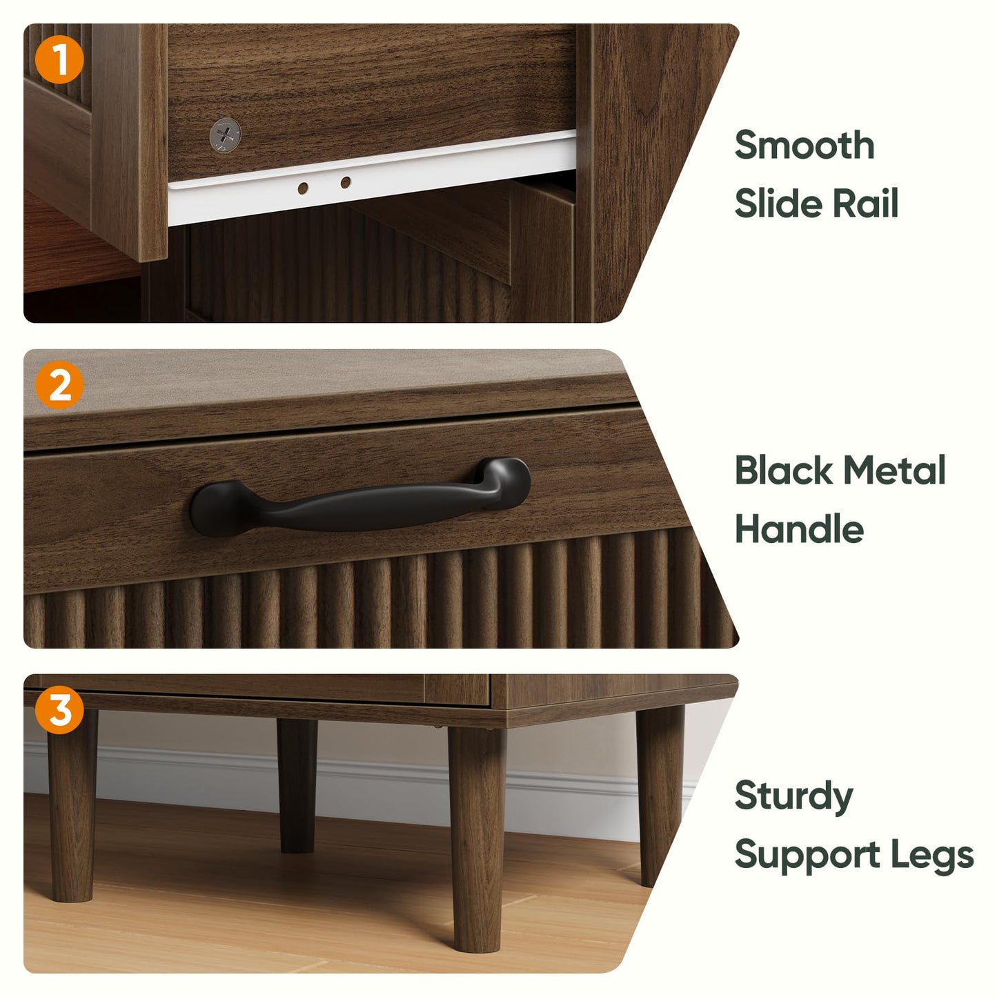 Smart FENDE Fluted Nightstand with 2 Drawers, Bedside Table with Solid Wood Legs, Mid-Century Modern End Table for Bedroom, Living Room, Walnut