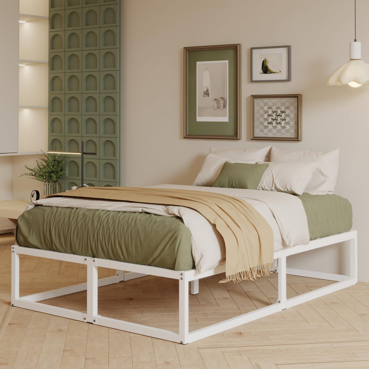 EMODA Metal Bed Frame 160 x 200cm with Steel Slats Support, White