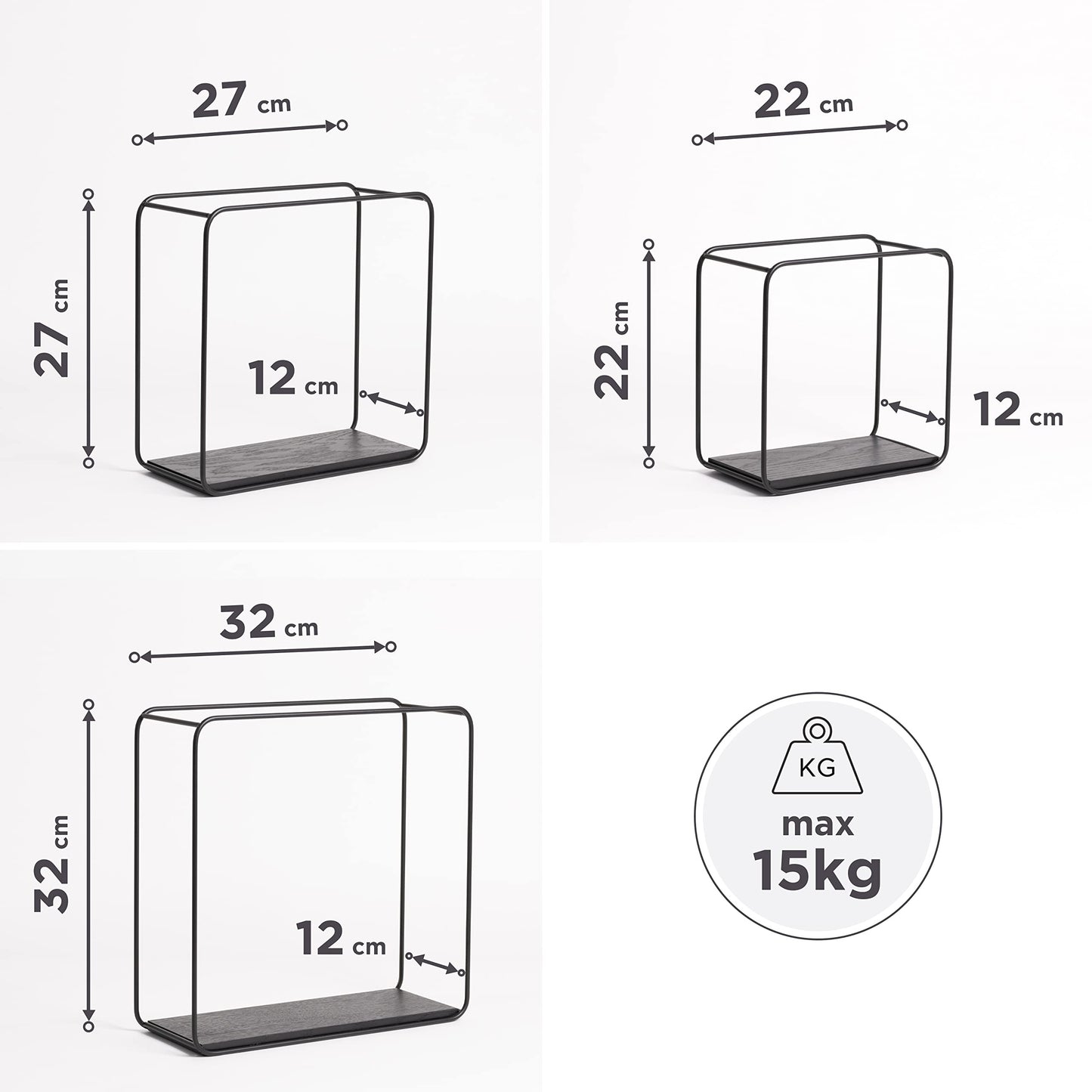 Kazai. Wall Shelves -Jona- | 3-Part Shelving Unit made of Metal and Real Wood Veneer | Wall Decor, Storage and Book Shelf for Bathroom, Living Room