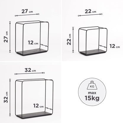 Kazai. Wall Shelves -Jona- | 3-Part Shelving Unit made of Metal and Real Wood Veneer | Wall Decor, Storage and Book Shelf for Bathroom, Living Room
