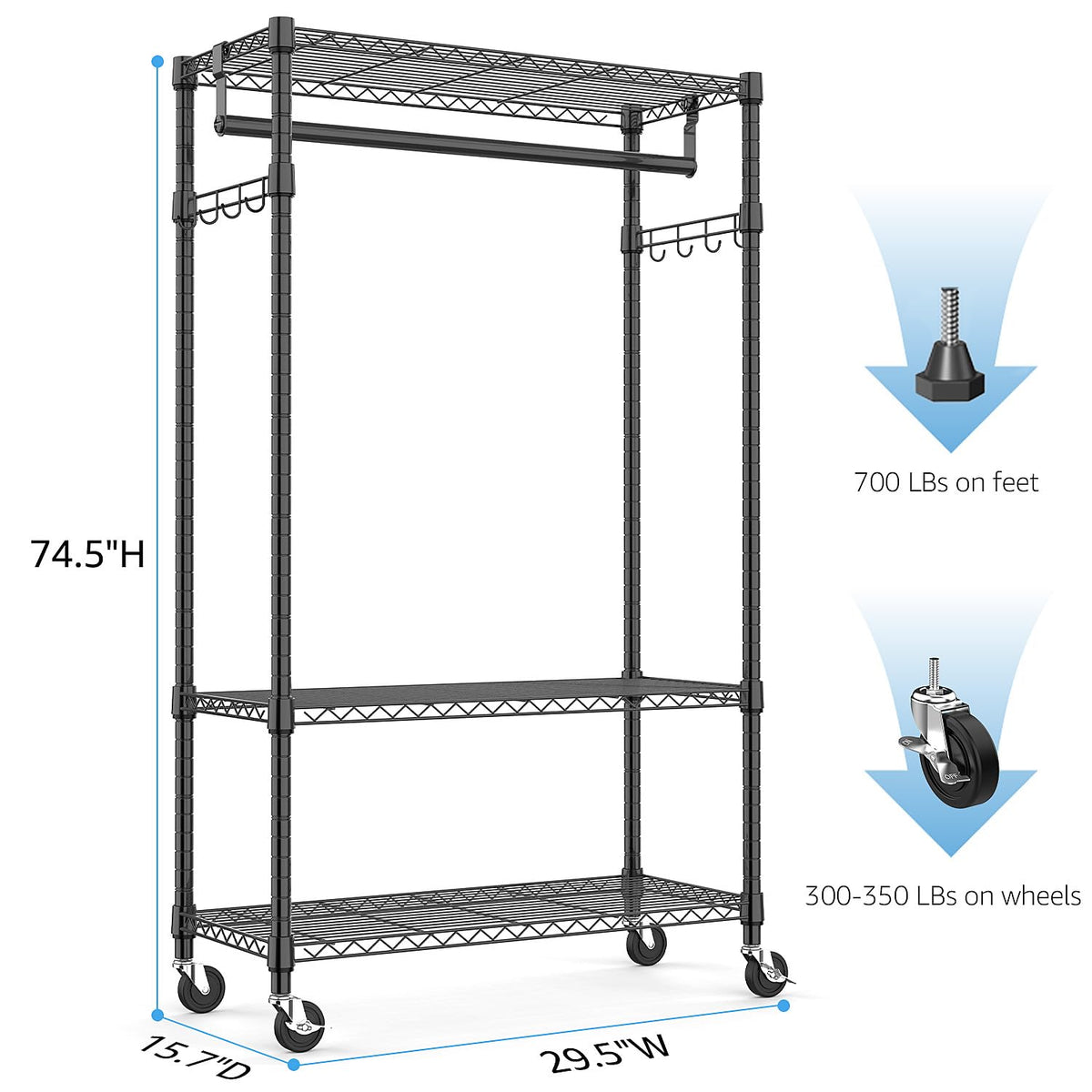 M MZG Heavy Duty Rolling Garment Rack 3 Tiers Adjustable Wire Shelving Clothes Rack with Rods and Side Hooks,Storage Closet Clothing Rack with Wheels