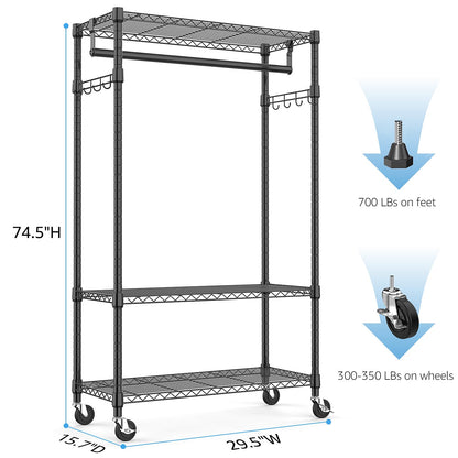 M MZG Heavy Duty Rolling Garment Rack 3 Tiers Adjustable Wire Shelving Clothes Rack with Rods and Side Hooks,Storage Closet Clothing Rack with Wheels