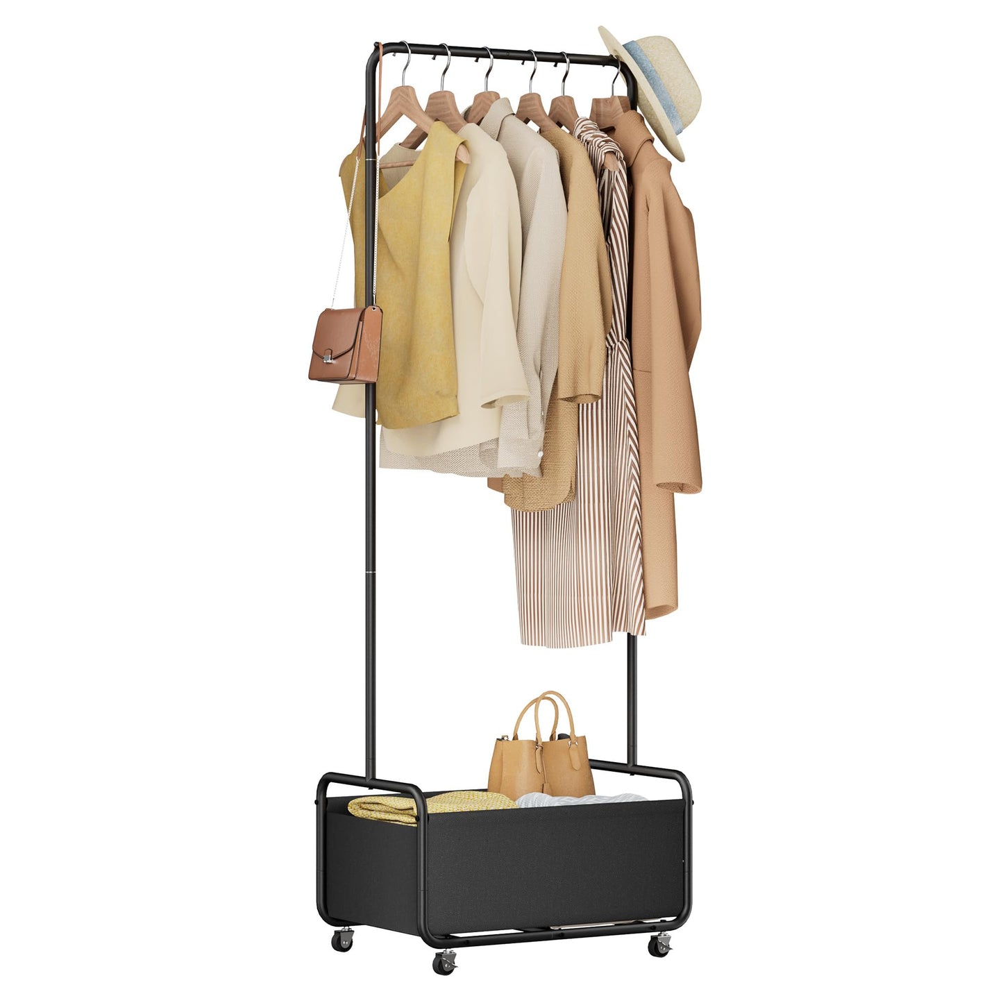 Dunatou Clothing Rack with Basket, Standard Rod Clothing Garment Rack, Rolling Clothes Organizer on Wheels for Hanging Clothes (Small, Black)