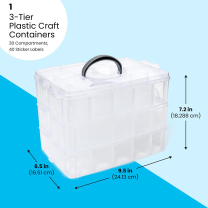 Bright Creations 3-Tier Stackable Plastic Craft Storage Containers with 30 Compartments and 40 Sticker Labels (9.5 x 6.5 x 7.2 Inch)