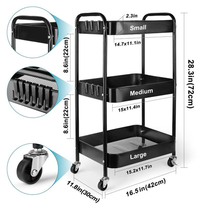 Viuxule Storage Cart, 3 Tier Metal Trolley Cart with Wheels, Black Rolling Utility Cart for Kitchen, Bathroom, Office, Bedroom