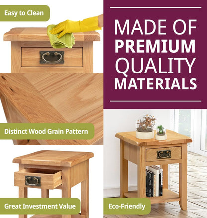 Hallowood Furniture Monchique Small Solid Oak Side Table with Drawer and Shelf, Wooden Lamp or Bedside Table with Lower Storage Unit, Bedroom and