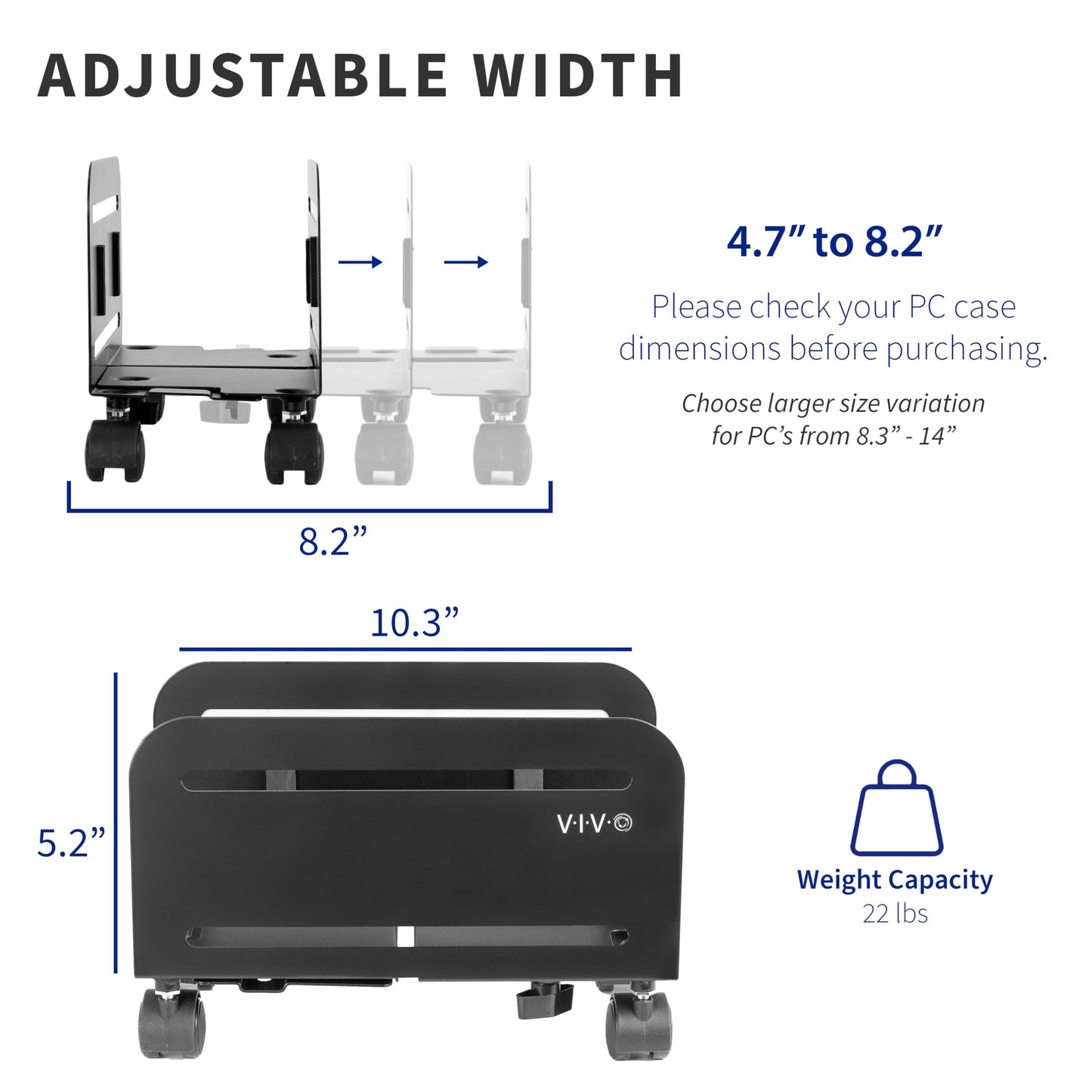 VIVO Computer Tower Desktop ATX-Case, CPU Steel Rolling Stand, 4.7 to 8.2 inch Wide Adjustable Mobile Cart Holder with Locking Caster Wheels