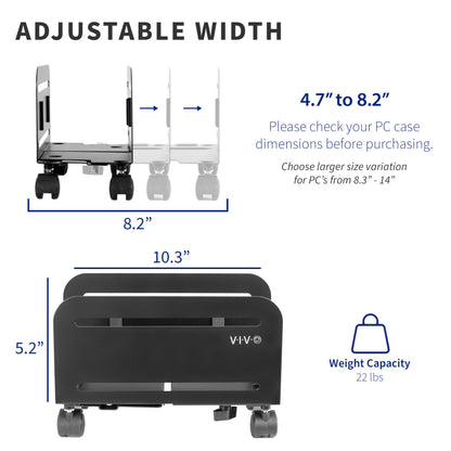 VIVO Computer Tower Desktop ATX-Case, CPU Steel Rolling Stand, 4.7 to 8.2 inch Wide Adjustable Mobile Cart Holder with Locking Caster Wheels