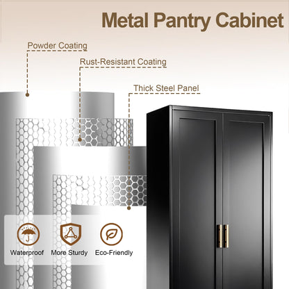 Tall Kitchen Cupboard, 180cm Metal Storage Cabinet, Black, 180*70*35cm