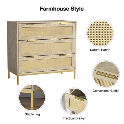 Skokliz Rattan Chest of Drawers with 3 Drawers, Storage Organizer for Bedroom, Wide Dresser Chest of Drawers, Modern Wooden Storage Unit for Hallway
