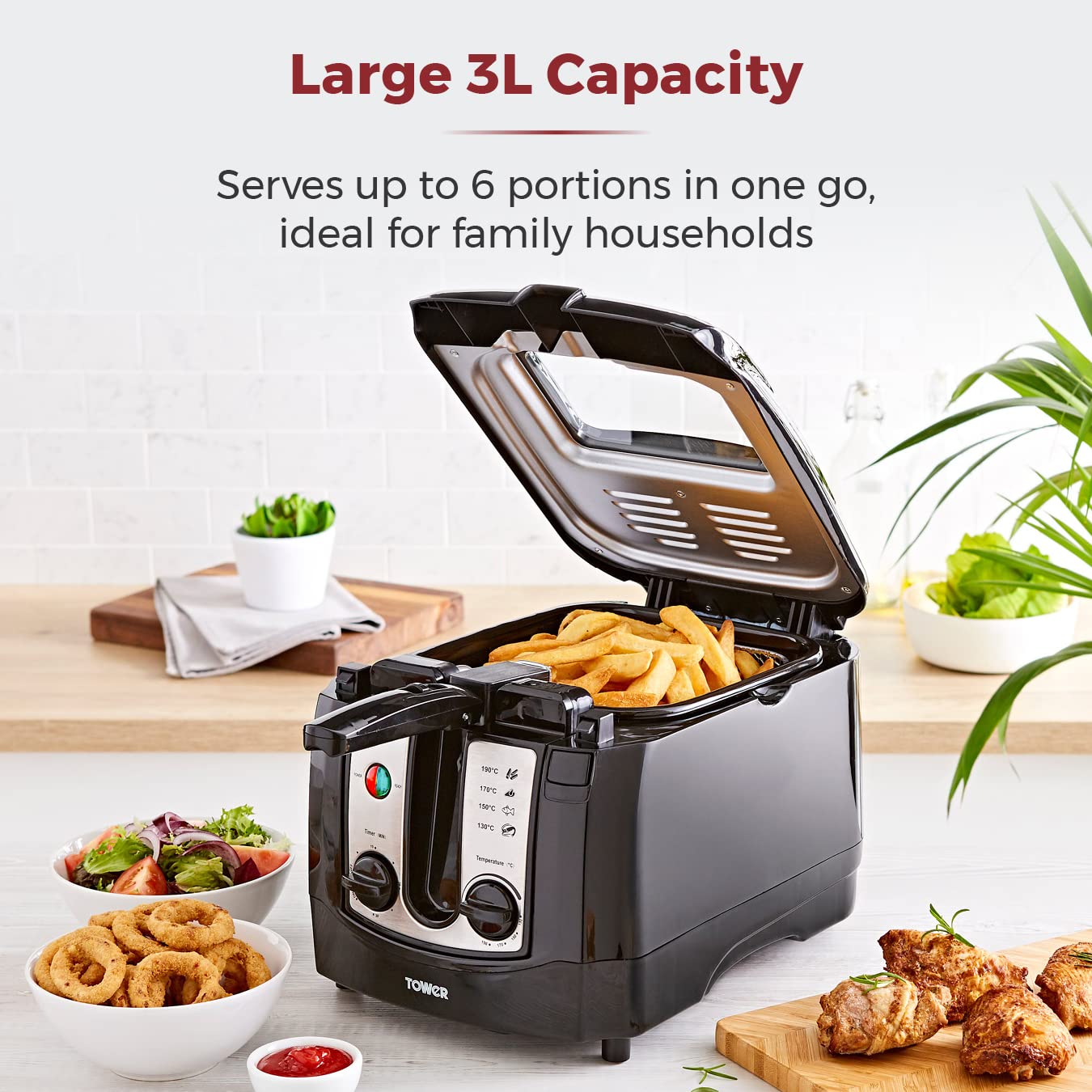 Tower T17002 Deep Fat Fryer with Adjustable Thermostat, 3L, 2300W, Black