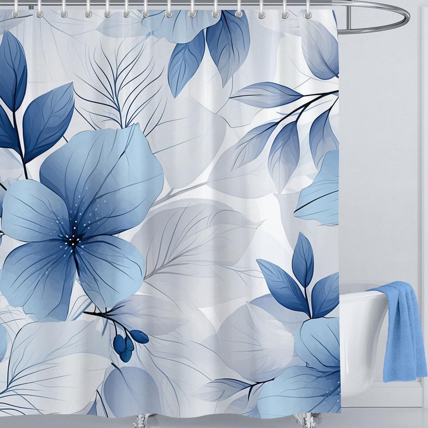 LIVETTY Shower Curtains Blue 180x180cm Leaves Shower Curtain Bathroom curtain For Women & Men With 12 Hooks Washable Quick-Drying Curtains