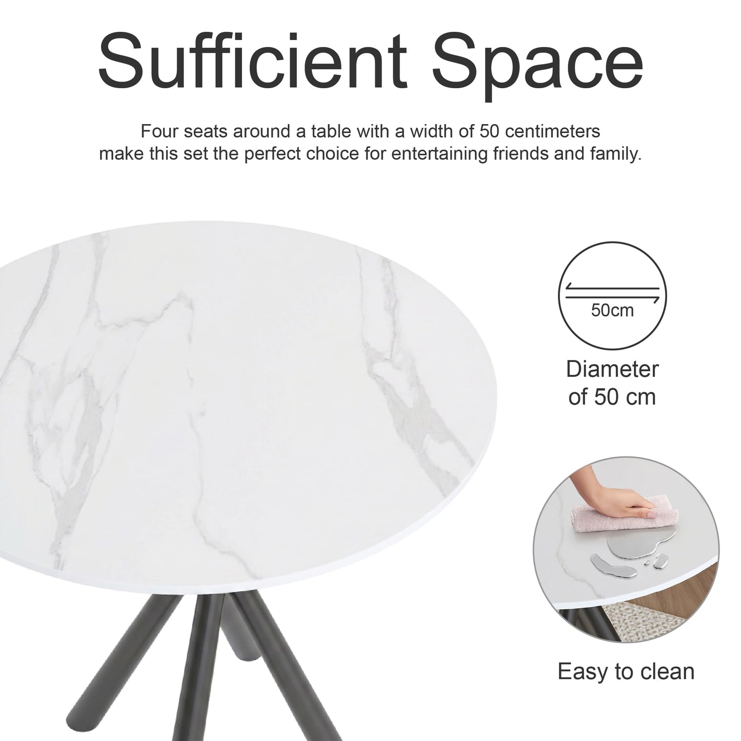 IMHKAM Round Side Table, White Small Stone Marble Coffee Table Living Room Bedside Table with Black Metal Legs Sofa Bedroom Office Table, 50x50x55cm
