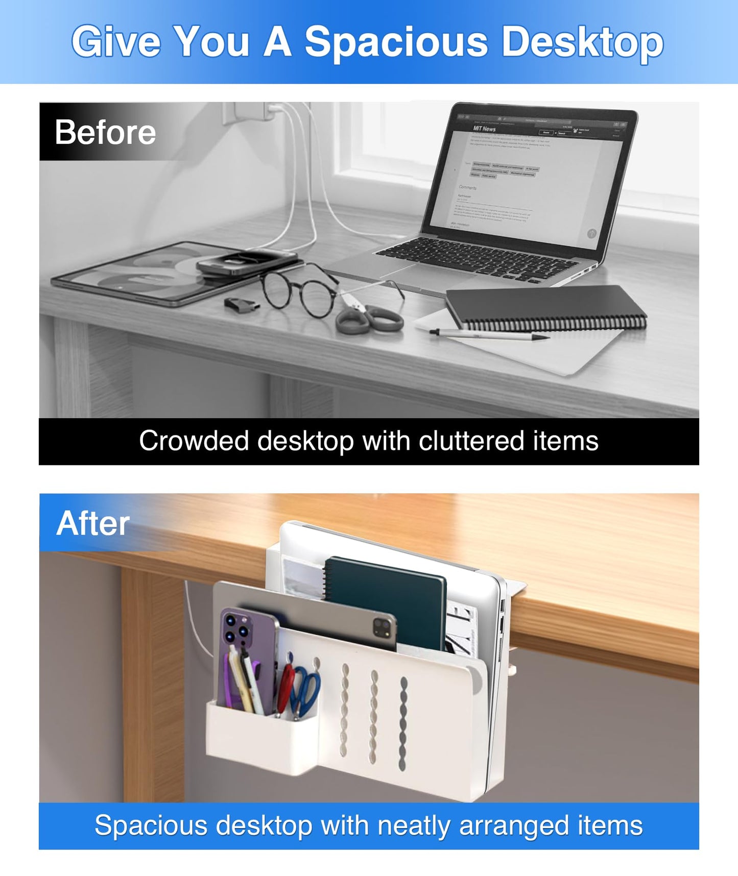 Torchesy Laptop Stand Vertical Under Desk Storage Mount With Side Storage for All Laptops and Tablets (White, Double Layer With Pen Holder)