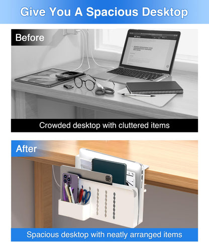Torchesy Laptop Stand Vertical Under Desk Storage Mount With Side Storage for All Laptops and Tablets (White, Double Layer With Pen Holder)