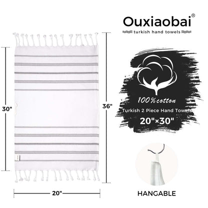 Ouxiaobai Hand Towels for Bathroom - Pack of 2 Turkish Hand Towels Set, Thin Decorative Tea Towel, 20 * 30 Inch Kitchen Cloth with Tassel (White)