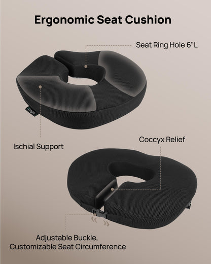 Feagar Donut Cushion with Adjustable Buckle, Hemorrhoid & Ring Cushion for Pressure Relief, Memory Foam Doughnut Cushion for Long Sitting