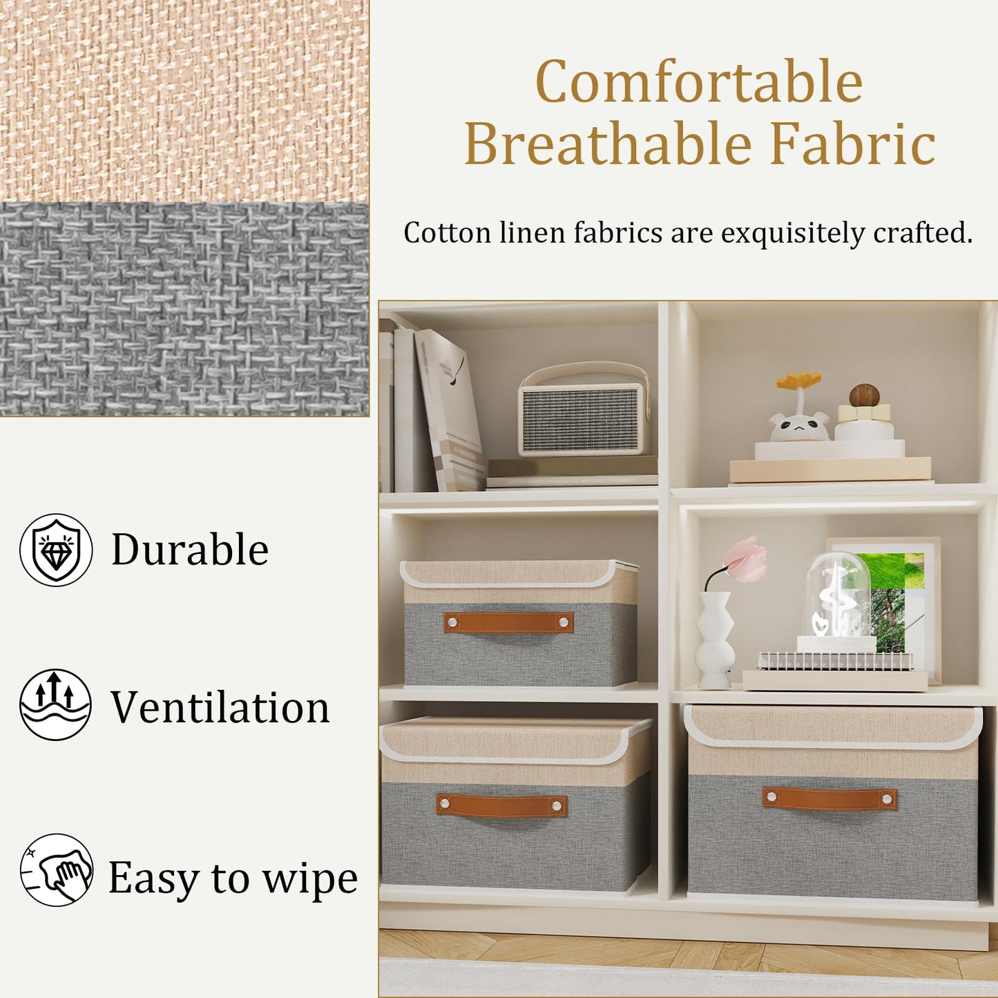 OUTBROS 1 Pack Fabric Storage Boxes with lids, 38x25x25cm Beige/Grey