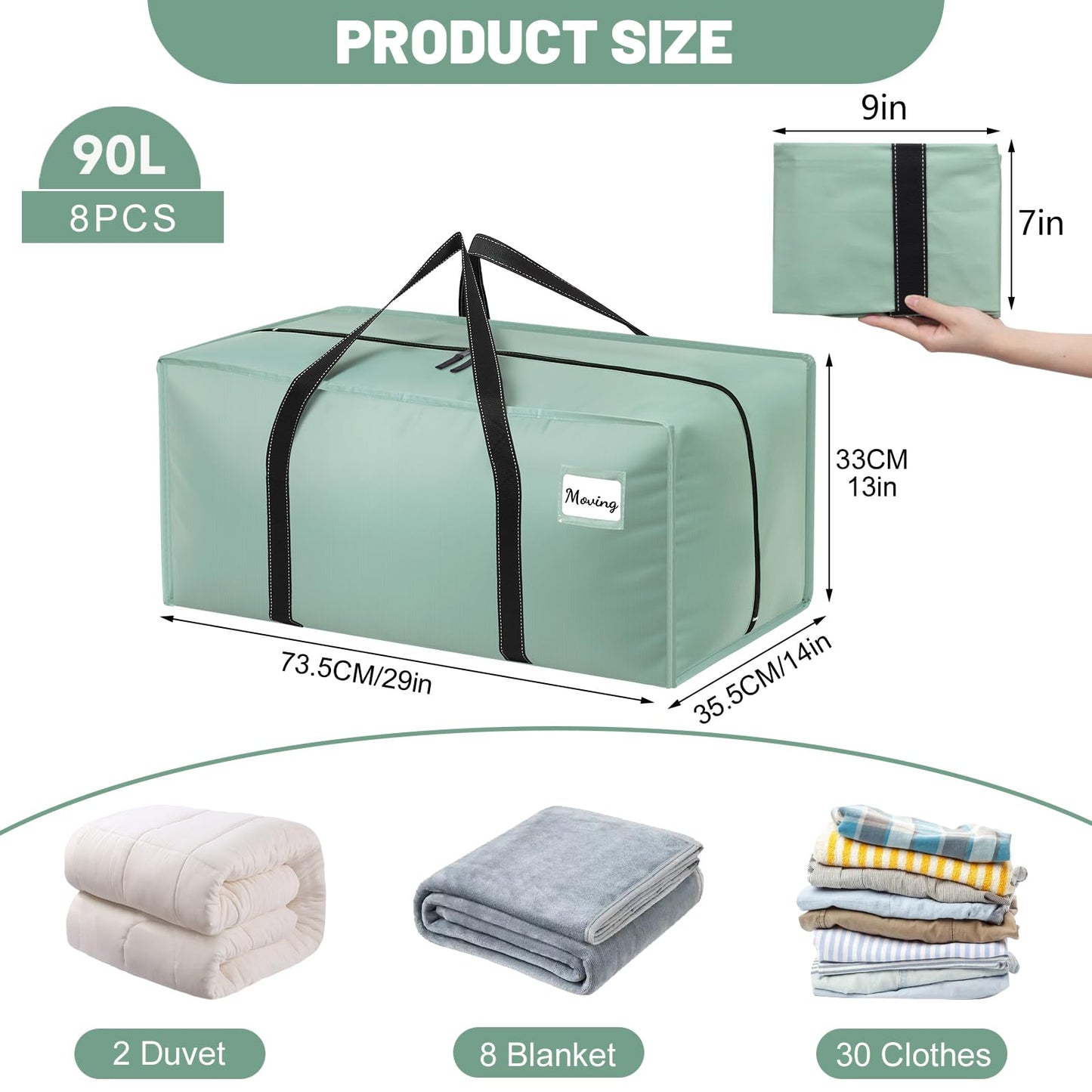 Dntorx 8 Pack 90L Moving Bags, Heavy Duty Waterproof Storage Bags, Green