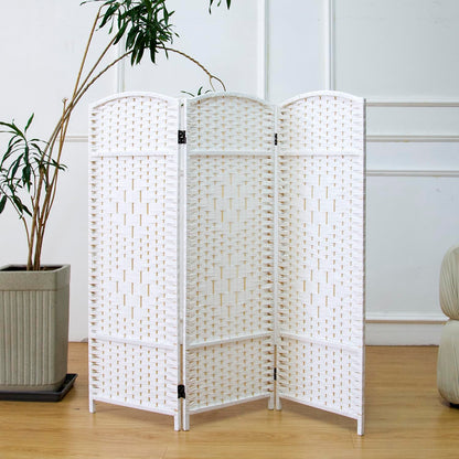 Furnnylane 3 Panel White Rattan Divider Short Room Partition Screen,Double Sided Short Folding Divider for Room Separation,120 cm Tall