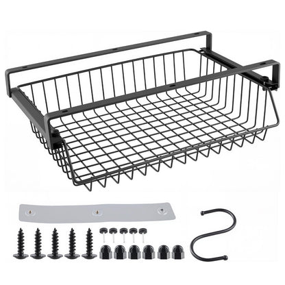 FUNSUEI No-Drill Under Desk Storage Basket, Black Slide-Out Self Adhesive Drawer, Metal Storage Basket for Office, Home, 37× 23.5 ×11 cm