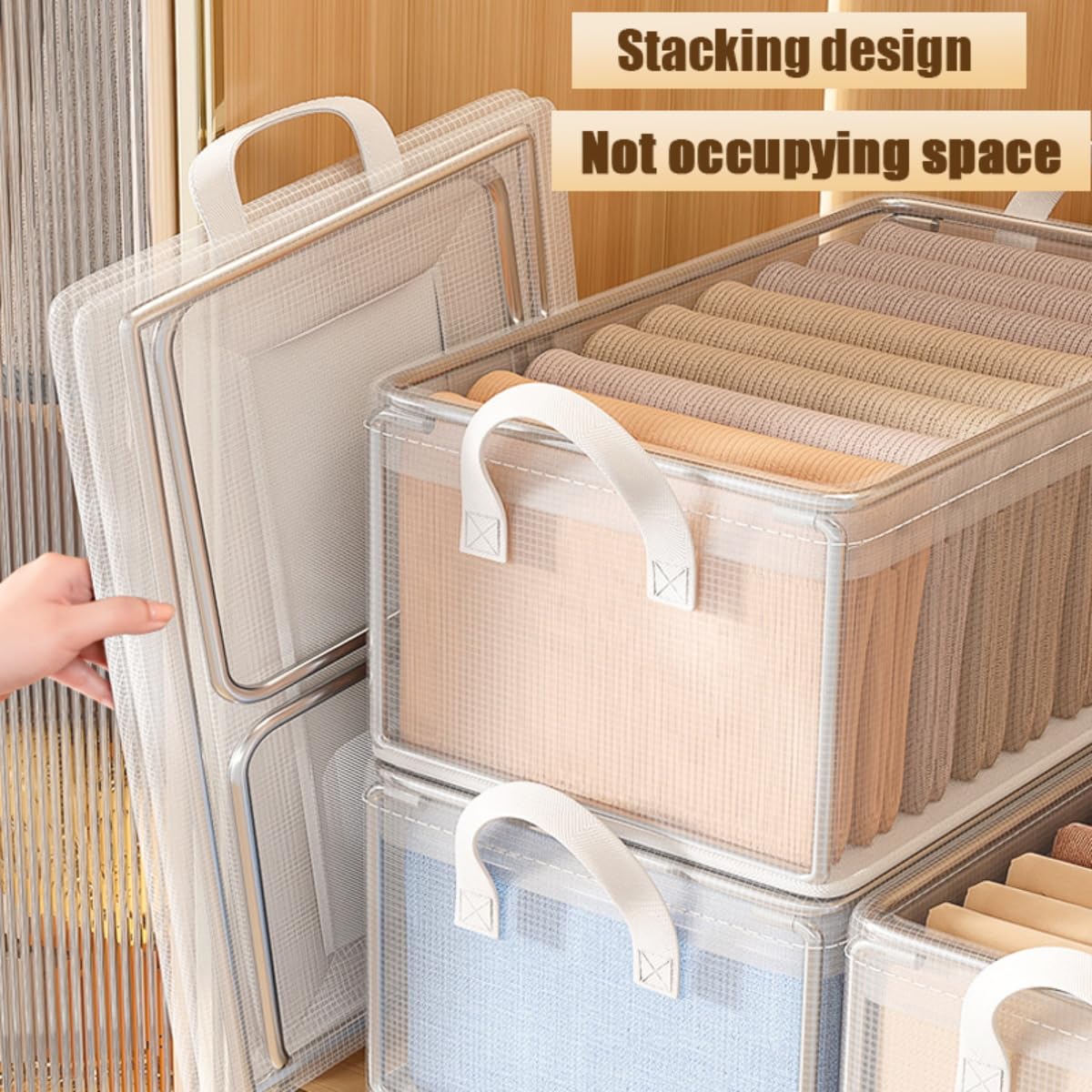 wintfarm 3pcs wardrobe storage organiser,clear foldable storage boxes with Steel Frame,wardrobe storage organiser with lid,storage cubes for jeans