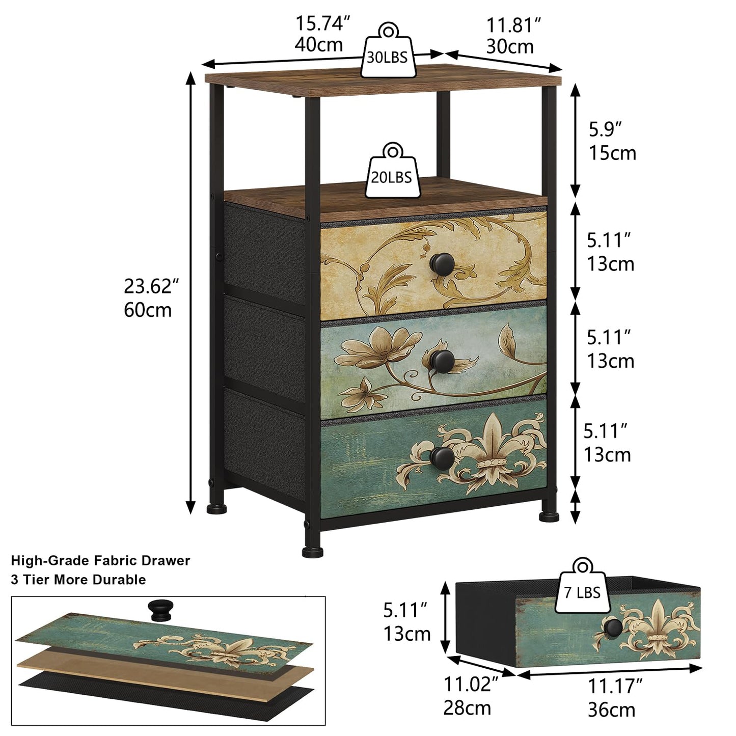 VEDECASA Chest of Drawers with Open Shelf 3 Drawers Dresser for Bedroom Vintage Bedside Table Nightstand Cabinet for Living Room Sofa Couch Closet
