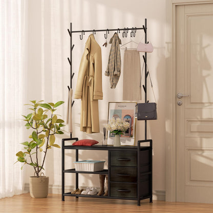 Free Standing Coat Rack Rustic Hall Tree 33"x12"x69.3" Black Wood Veins