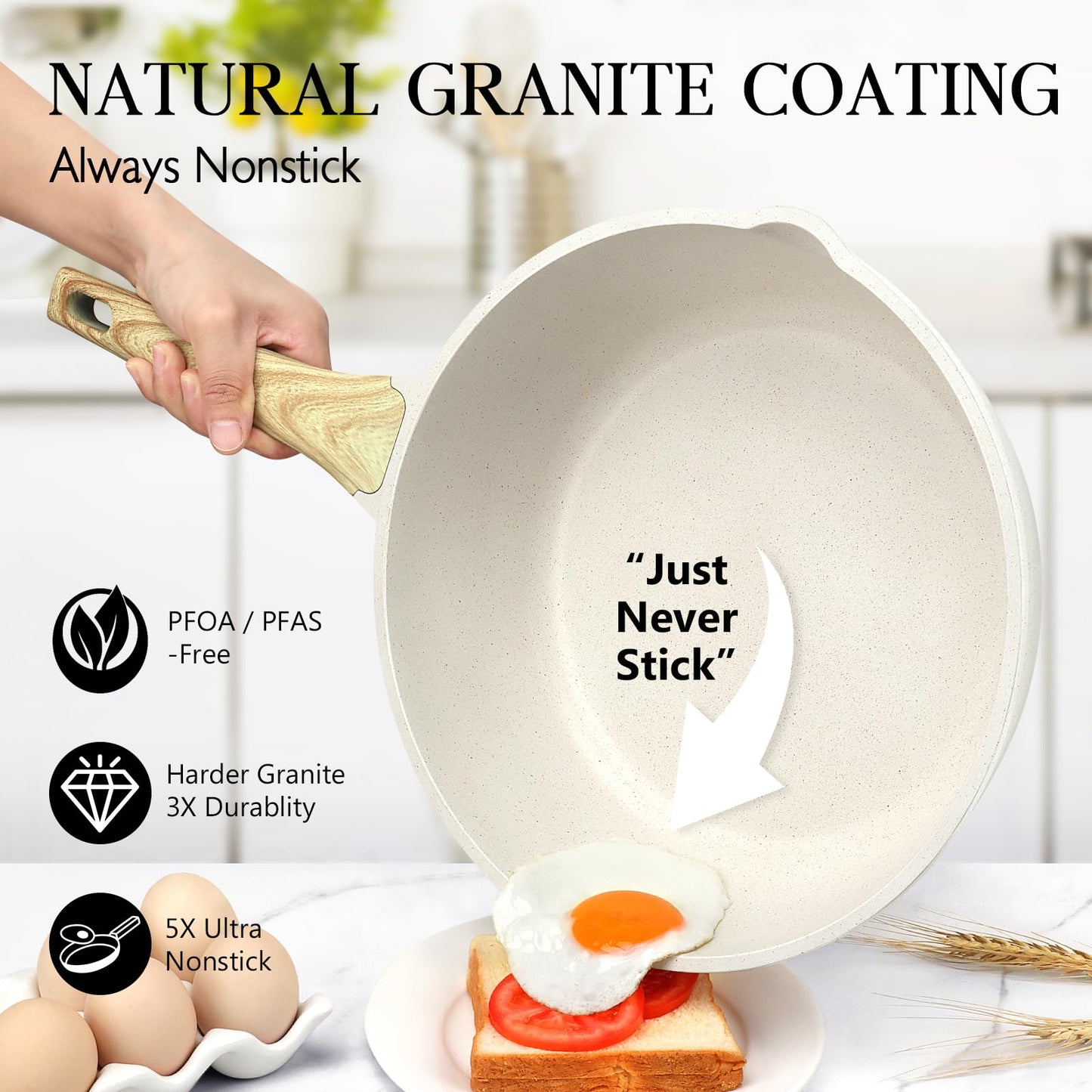 GiPP Nonstick Deep Frying Pan - 2.6L White Granite Saute Pan with Lid, Pour Spout and Stay-Cool Handle, Non Stick Skillet Non Toxic Cooking Pan