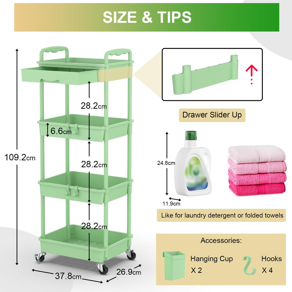 Yeabett 4 Tier Craft Trolley, Storage Trolley On Wheels Utility Cart With Drawer For Kitchen, Bathroom, Office, Living Room, Green