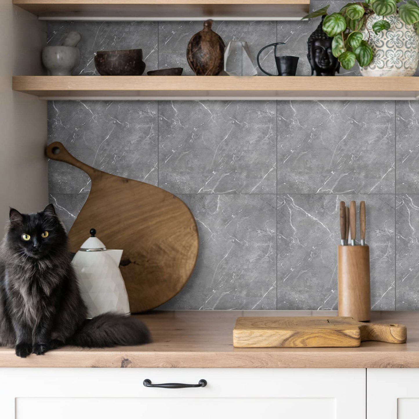 Fantasnight Marble Stick on Tiles 30 x 30cm 50Pcs, Grey Tile Stickers Self Adhesive Wall Tiles, PET Peel and Stick Wall Glossy Stickers for Kitchen