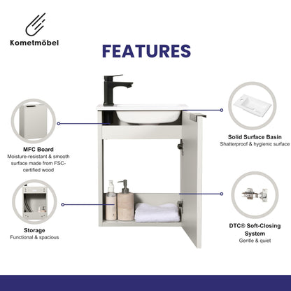 Kometmöbel Cloakroom Vanity Unit With Wash Basin Bathroom Vanity 40cm Wall Hung (Cashmere with Handle 40cm, Without Tap)