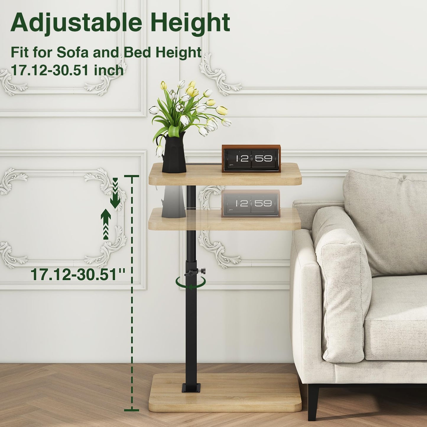 IBUYKE C Shaped Side Table,360° Swivel Height Adjustable,Natural TVT003R