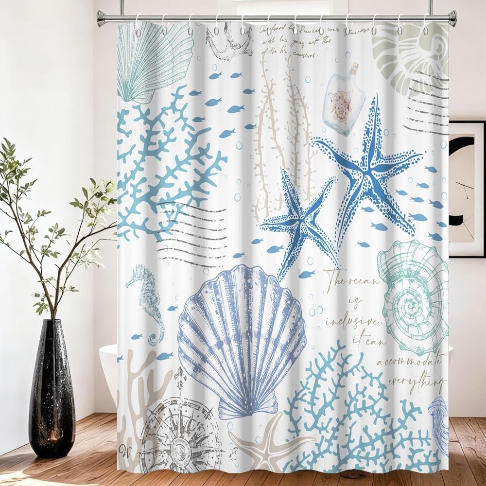 Xiaoterna Summer Marine Life White Shower Curtain Retro Nautical Coast Starfish Shell Coral Seahorse Waterproof Polyester Bathroom Curtain Underwater