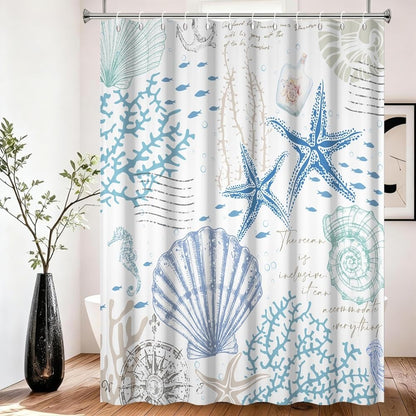 Xiaoterna Summer Marine Life White Shower Curtain Retro Nautical Coast Starfish Shell Coral Seahorse Waterproof Polyester Bathroom Curtain Underwater