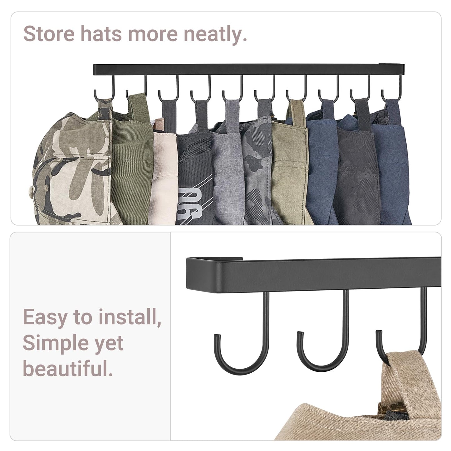 Mkono Hat Rack Wall Mount Set of 2 - Storage Organizer for 20 Baseball Caps, Modern Metal Closet Hooks