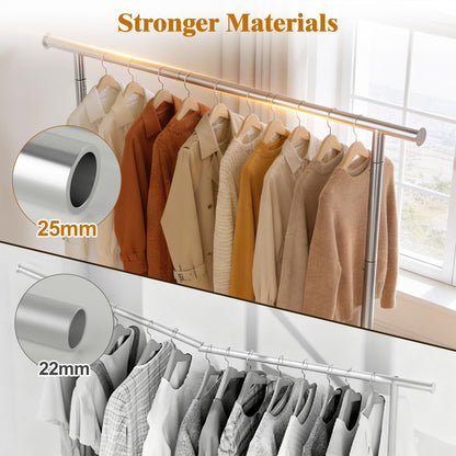 EAGMAK Metal Clothes Rail with Shelf for Hanging Clothes, Sturdy Freestanding Clothes Hanging Rail for Wardrobe & Bedroom Clothing Storage, Silver