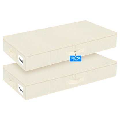 40L 12cm Slim Under Bed Storage Boxes with Zipped Lids, 2 Pack, Beige