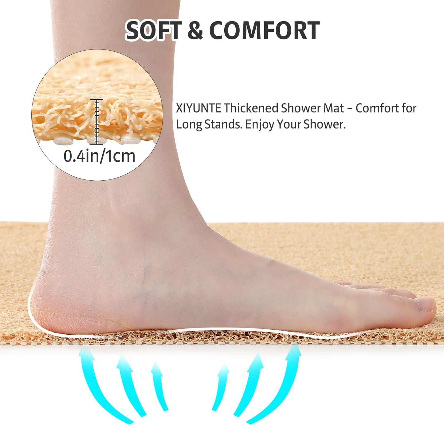 XIYUNTE Soft Shower Mat Non Slip Anti Mould 60 x 40 cm, INCL. Hooks for Drying, PVC Bath Mat Non Slip Anti Mould