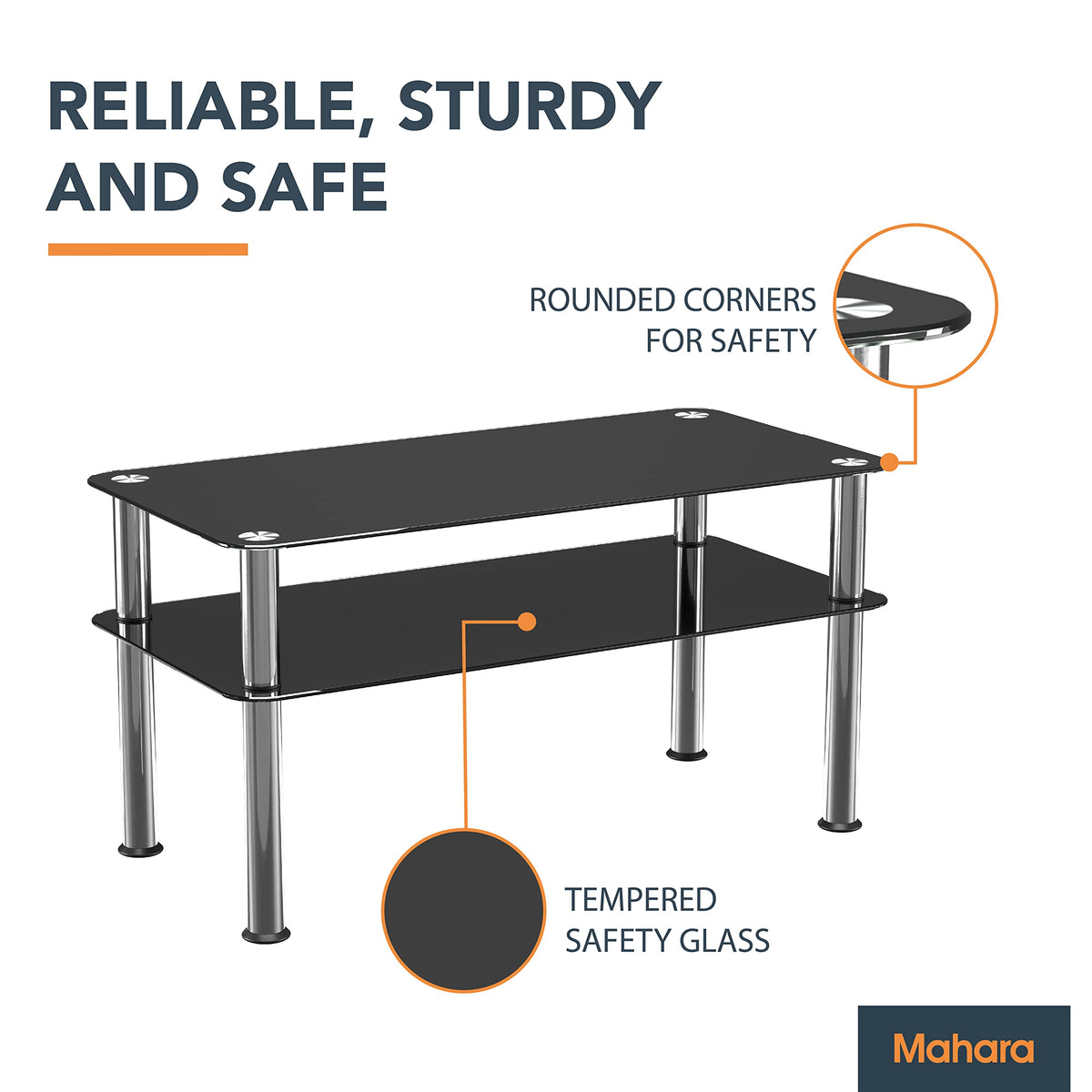 mahara Black Glass Coffee Table - Slimline side table with shelf polished stainless steel legs - Small table W80cm x D40cm x H41.5cm