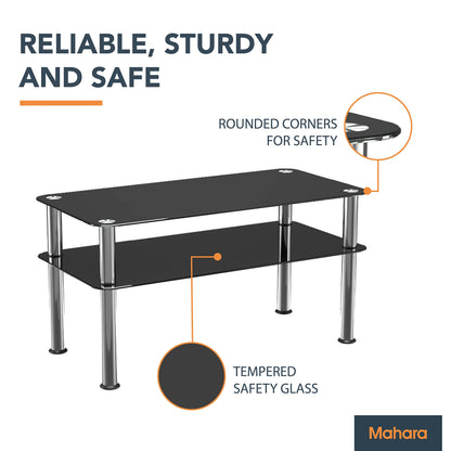mahara Black Glass Coffee Table - Slimline side table with shelf polished stainless steel legs - Small table W80cm x D40cm x H41.5cm