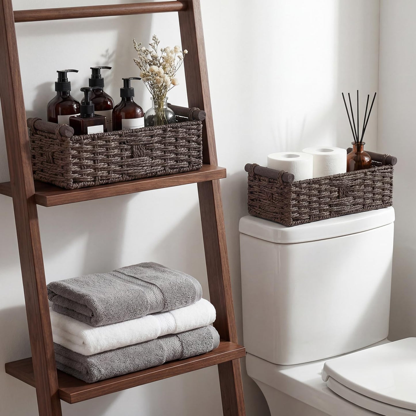 Paper Rope Storage Wicker Baskets for Toilet Tank Top with Wooden Handle Small Decorative Organizer Bin Rectangular Tray for Countertop Shelf Brown