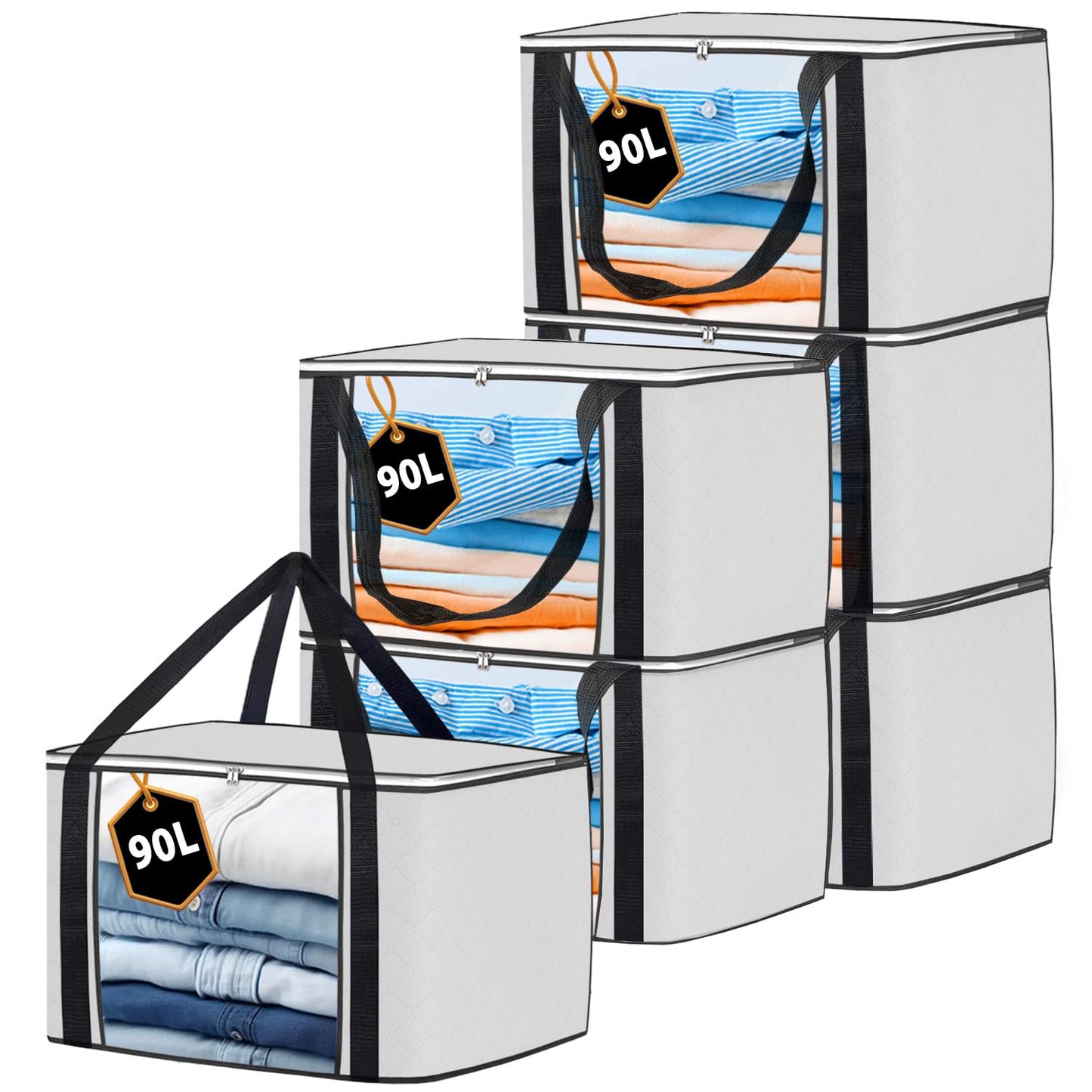 KURNI Storage Bags | Clothes Organizer Boxes, Foldable 6 Pack White, 90L Capacity, 3 Sided Zipper Moving Large Bag. Dust & Moisture Proof