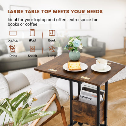 Hadulcet c shaped side table, sofa table with Charging Station & Foldable Tabletop, Laptop Table for Couch, C Table with Storage for Sofa