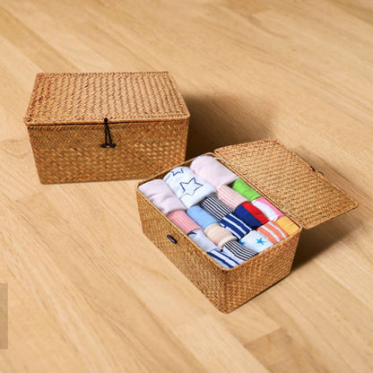 Wicker Storage Basket Woven Rattan Storage Box With Lids Seagrass Laundry Baskets Makeup Organizer For Bathroom, Living Room, Kitchen (M)