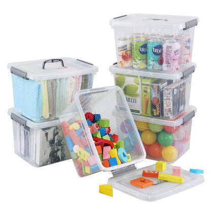 Udotry 12 Litre Clear Plastic Storage Box with Lids & Handle, 6-Pack, Grey